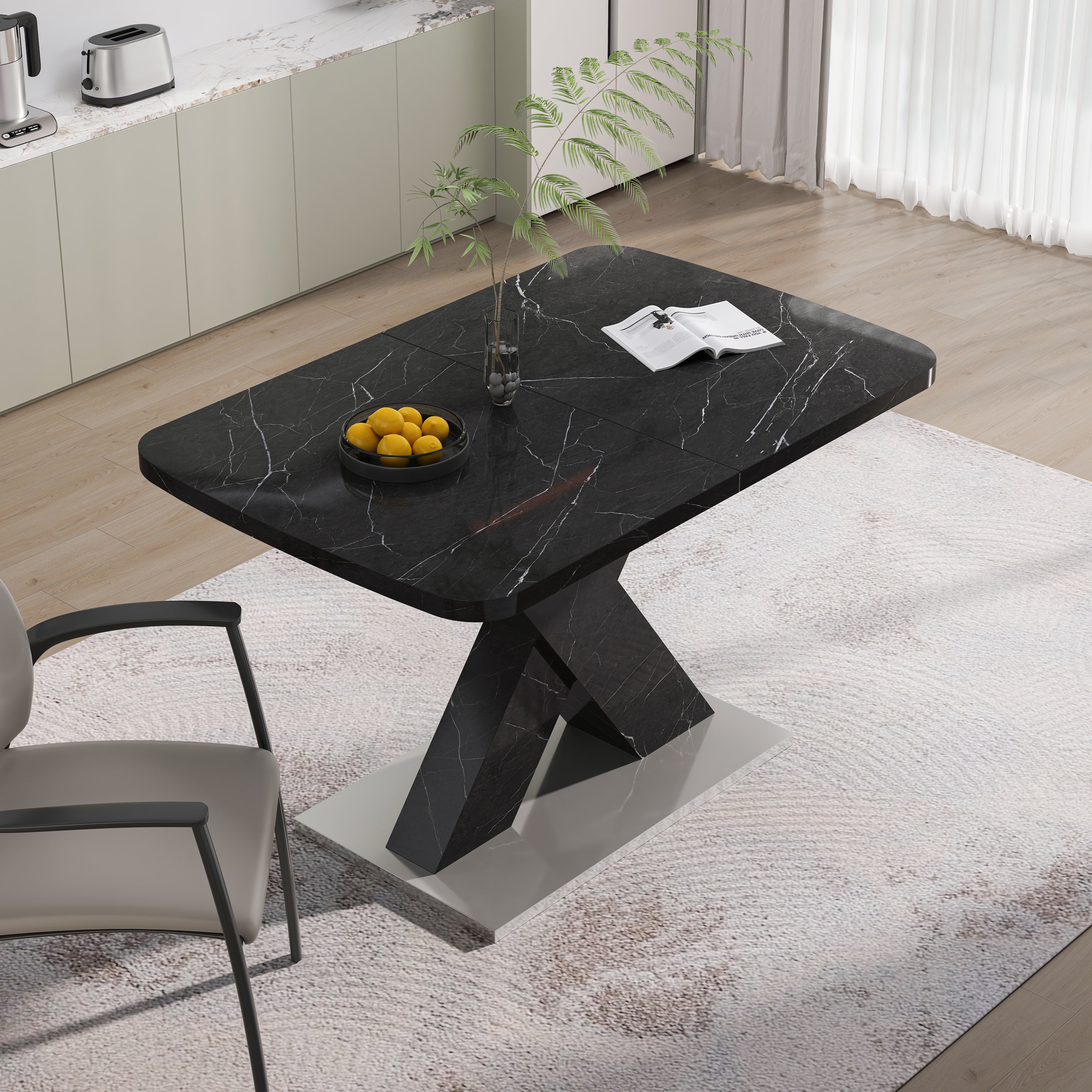 Mesa de Comedor Rectangular Moderna Extensible, Superficie de Mesa de Mármol Negro Impreso MDF con Patas en Forma de X y Base de Metal