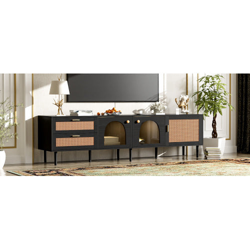 Rattan-Fernsehtisch mit 3 Schränken & 2 Schubladen, Rattan-inspirierte Medienkonsole für Fernseher bis zu 80 Zoll, LED-Licht-Unterhaltungszentrum, TV-Schrank für Wohnzimmer, Schlafzimmer, Heimkino
