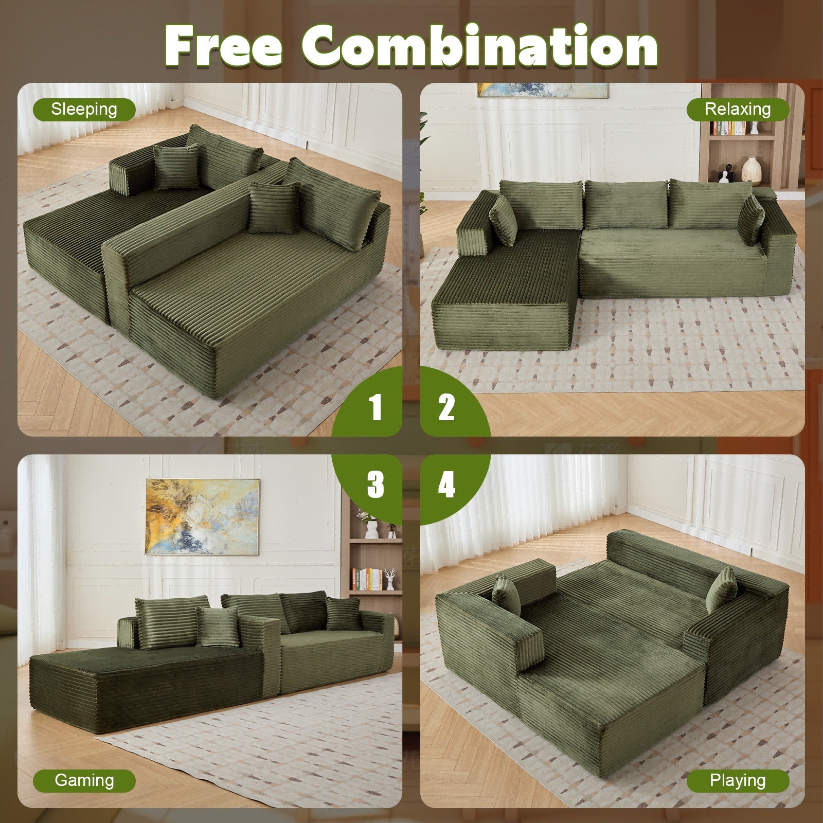 Sofá cama de compresión en forma de L con tela de pana - Sofá seccional convertible, sofá cama plegable para el suelo, salón tipo franela ahorrador de espacio para apartamentos pequeños, sala de estar y sala de juegos NO TUME
