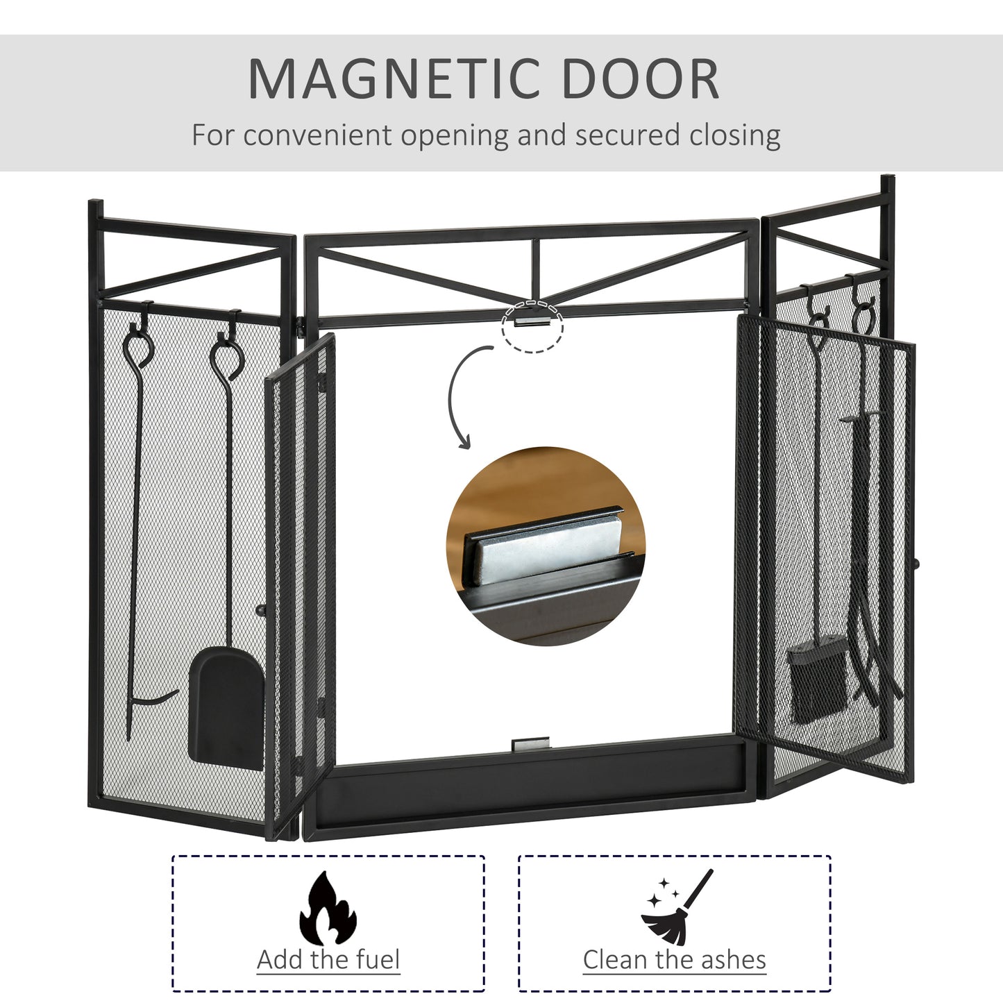 3-Panel Folding Fireplace Screen with 2 Magnetic Doors and Fire Place Tools Set