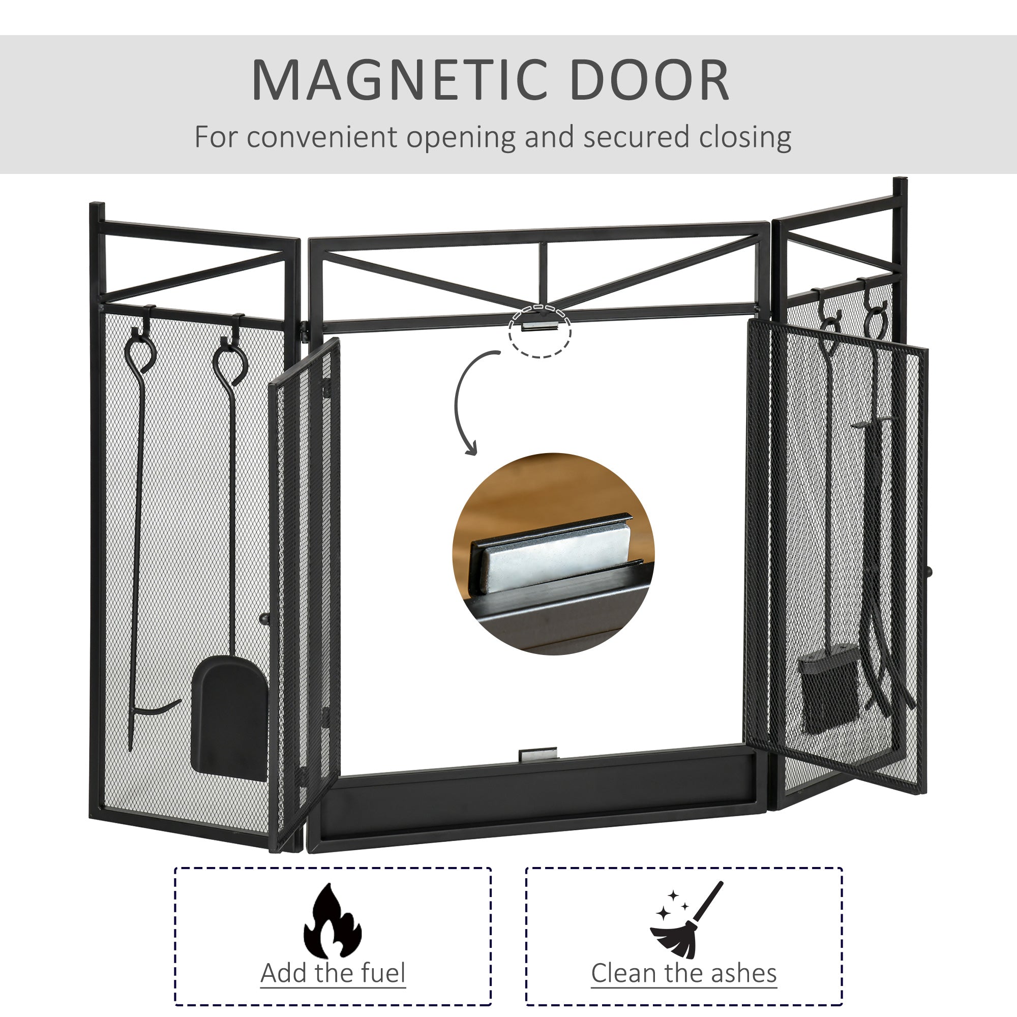Pantalla Plegable de 3 Paneles para Chimenea con 2 Puertas Magnéticas y Juego de Herramientas para Chimenea