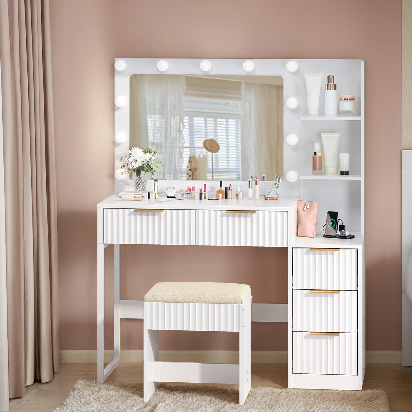 White Particleboard With A Melamine Finish, 5-drawer, 2-shelf Dressing Table Set With 11 Three-tone Light Bulbs, Power Strip, And Grille.