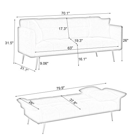 70.1 Futon Sofa Bed, Convertible Double Sofa Bed With Folding Armrests For Living Rooms And Small Spaces