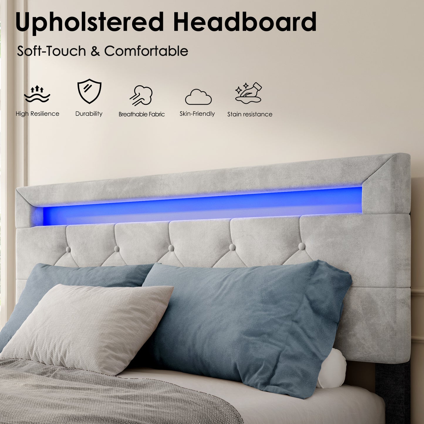 Upholstered Platform Storage Bed Frame With 4 Drawers And LED Light,No Box Spring Needed