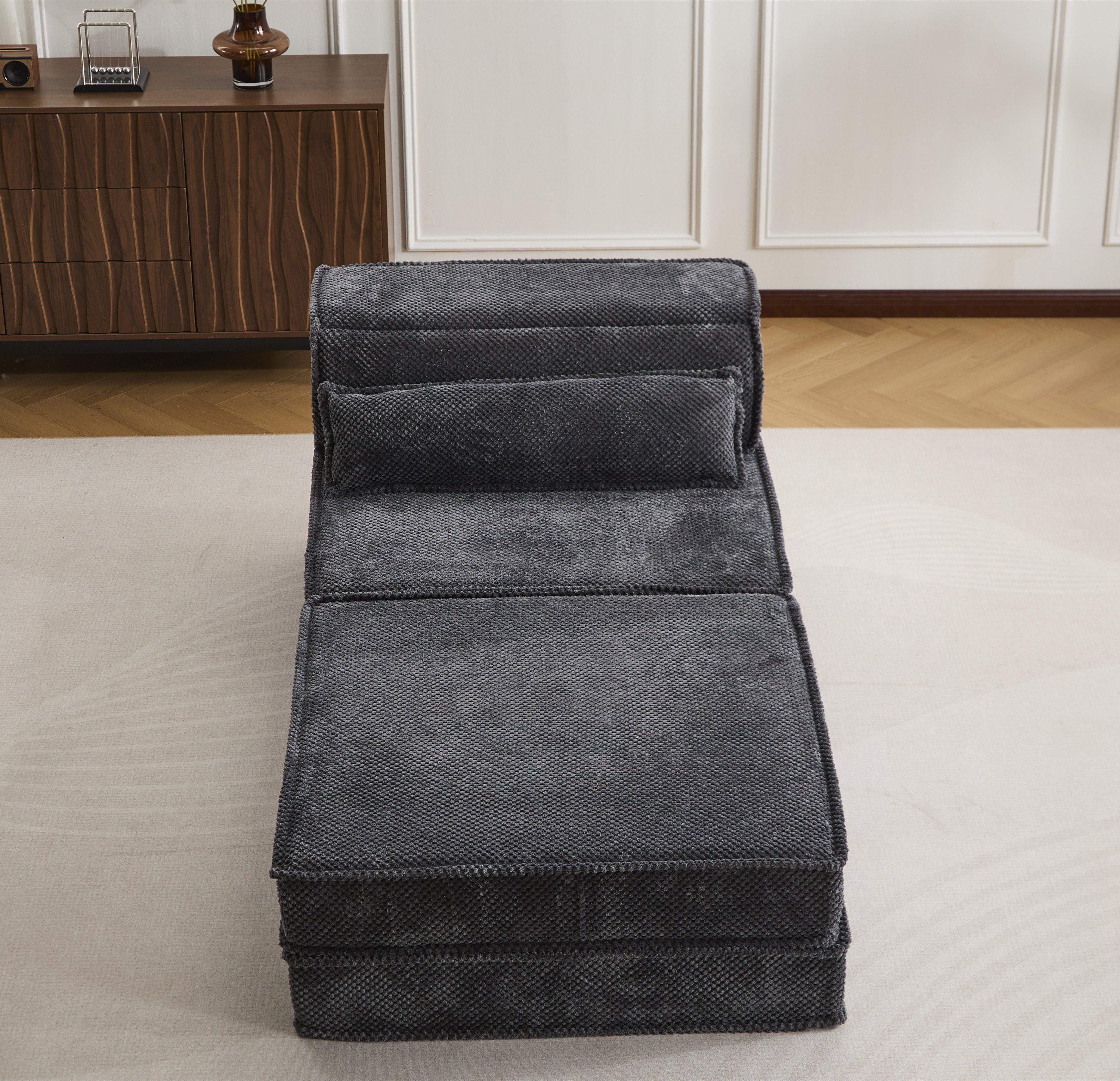 Sofá Mahjong de Compresión, Sofá Cama Convertible para el Suelo, Sofá Seccional Modular sin Huesos DIY, Sin Ensamblaje Requerido, Tela de Lana de Círculo, Asiento Individual Sobredimensionado con 1 Almohada y 1 Otomana, Gris Oscuro