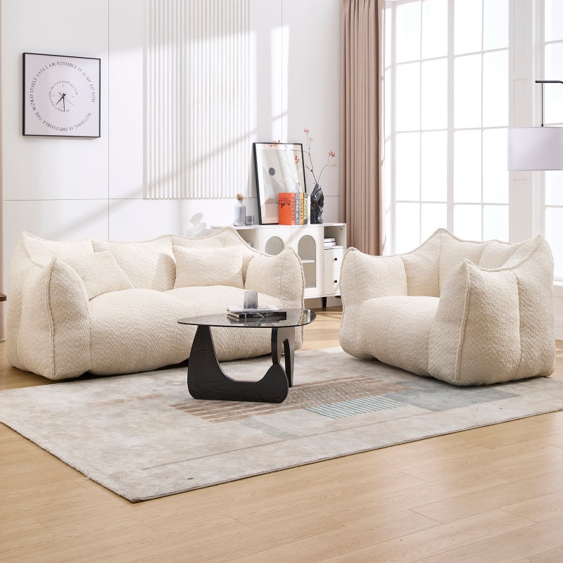 Sofá-Cama de Habichuelas de Peluche Comprimido - Relleno de Espuma de Alta Resiliencia, Silla de Salón de Boucle Ultra Suave para Una o Dos Personas, Asiento Acogedor para la Sala de Estar para Leer, Jugar y Relajarse, Ahorro de Espacio por Vacío