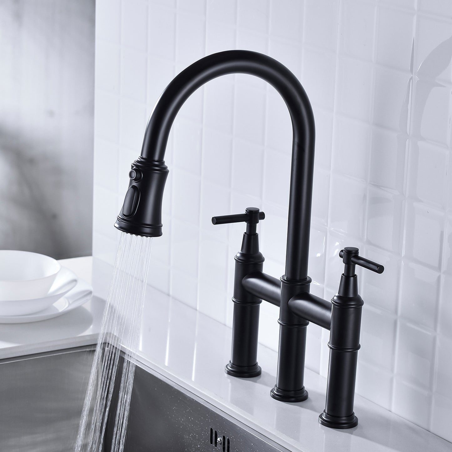 Pull Down Dual Handle Kitchen Faucet
