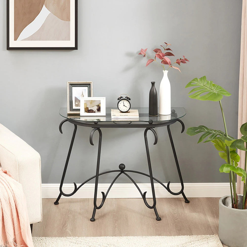 Mesa de Consola de Superficie de Vidrio Templado Mesa de Café con Construcción Sólida para Sala de Estar