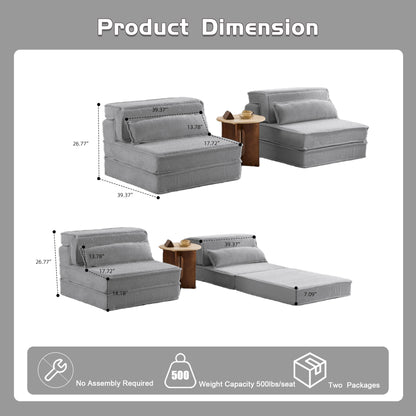 Compression Mahjong Sofa,Convertible Floor Sofa Bed,DIY Boneless Modular Sectional Sofa,No Assembly Required,Circle Fleece Fabric,Oversized 2 Seater With 2 Pillows,Light-grey