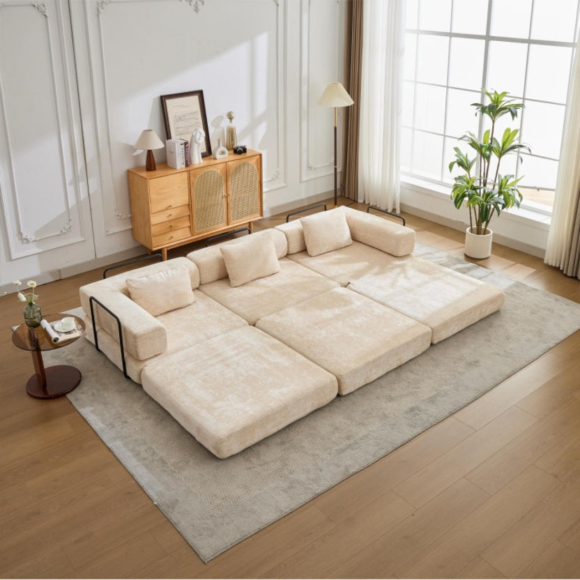 Sofá de Compresión, Sofá Cama Convertible para el Suelo con Marco de Forma Fija, Sofá Seccional Modular sin Huesos, Sin Ensamblaje Requerido, Tela de Chenille, para Sala de Estar y Dormitorio, Beige