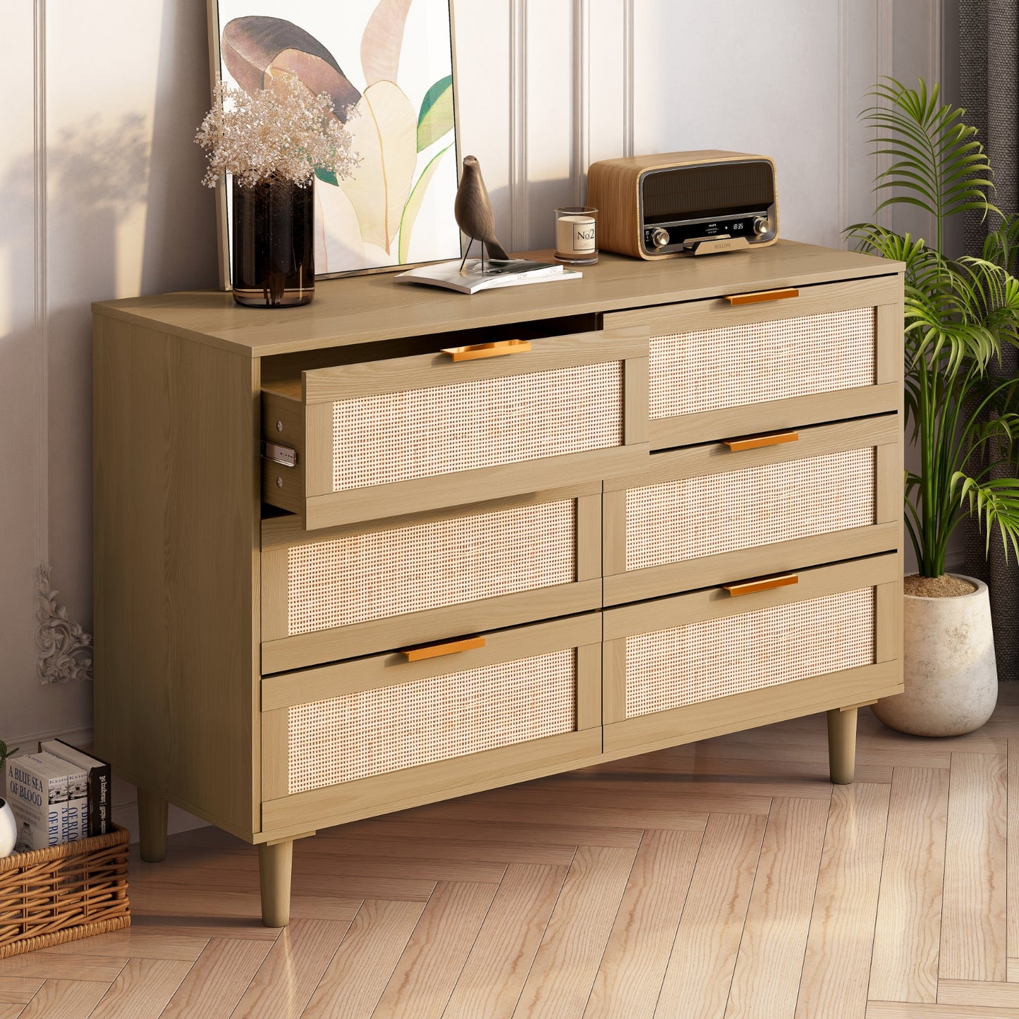 6 Drawers Rattan Dresser Rattan Drawer, Bedroom,Living Room