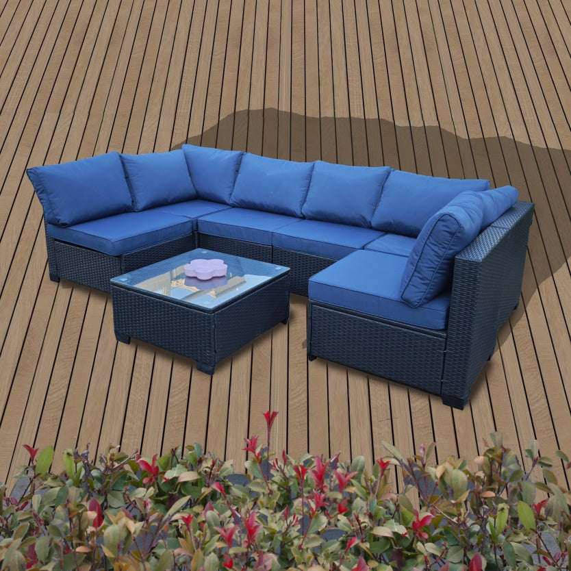 Seven-Piece Sofa Set Table With Sofa Chair Black PE Rattan Outdoor Furniture 7-JH001 Box 3-1-2-3 With Blue Color Cushion