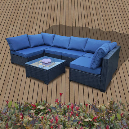 Seven-Piece Sofa Set Table With Sofa Chair Black PE Rattan Outdoor Furniture 7-JH001 Box 3-1-2-3 With Blue Color Cushion