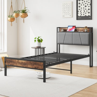 Twin Size Bed Frame, Storage Headboard With Charging Station, Solid And Stable, No Box Spring Needed, Easy Assembly