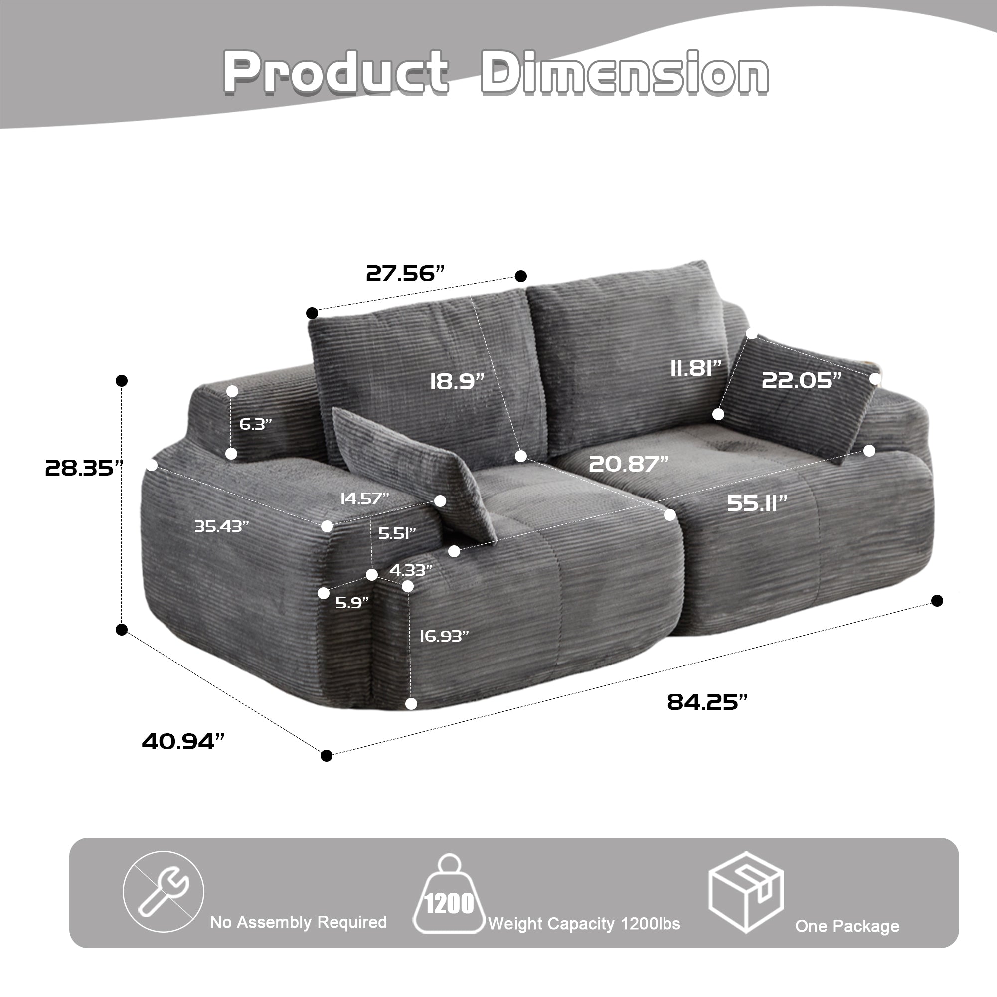 Sofá Comprimido de Espuma de Memoria Moderna, Sofá Seccional Grande de 2 Plazas para Sala de Estar, Sofá Seccional Modular Nube Amigable con Mascotas, Tela de Pana, Loveseat Extra Profundo, Sin Ensamblaje Requerido, Gris