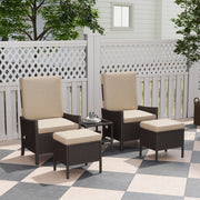 Outsunny 5-teiliges Rattan-Gartenmöbel-Set, Flechtpatio-Sofaset mit 2 Sesseln, 2 Fußschemeln, Couchtisch mit Glasplatte und Regal, Außenmöbel mit verstellbaren Rückenlehnen, Kissen, Khaki