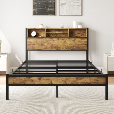 Estructura de Cama de Tamaño Completo con Cabecero de Almacenamiento, Cama Plataforma de Metal con Estación de Carga, Almacenamiento en Forma de Estantería, No Requiere Colchón de Muelles, Ensamblaje Fácil, Sin Ruido, Negro