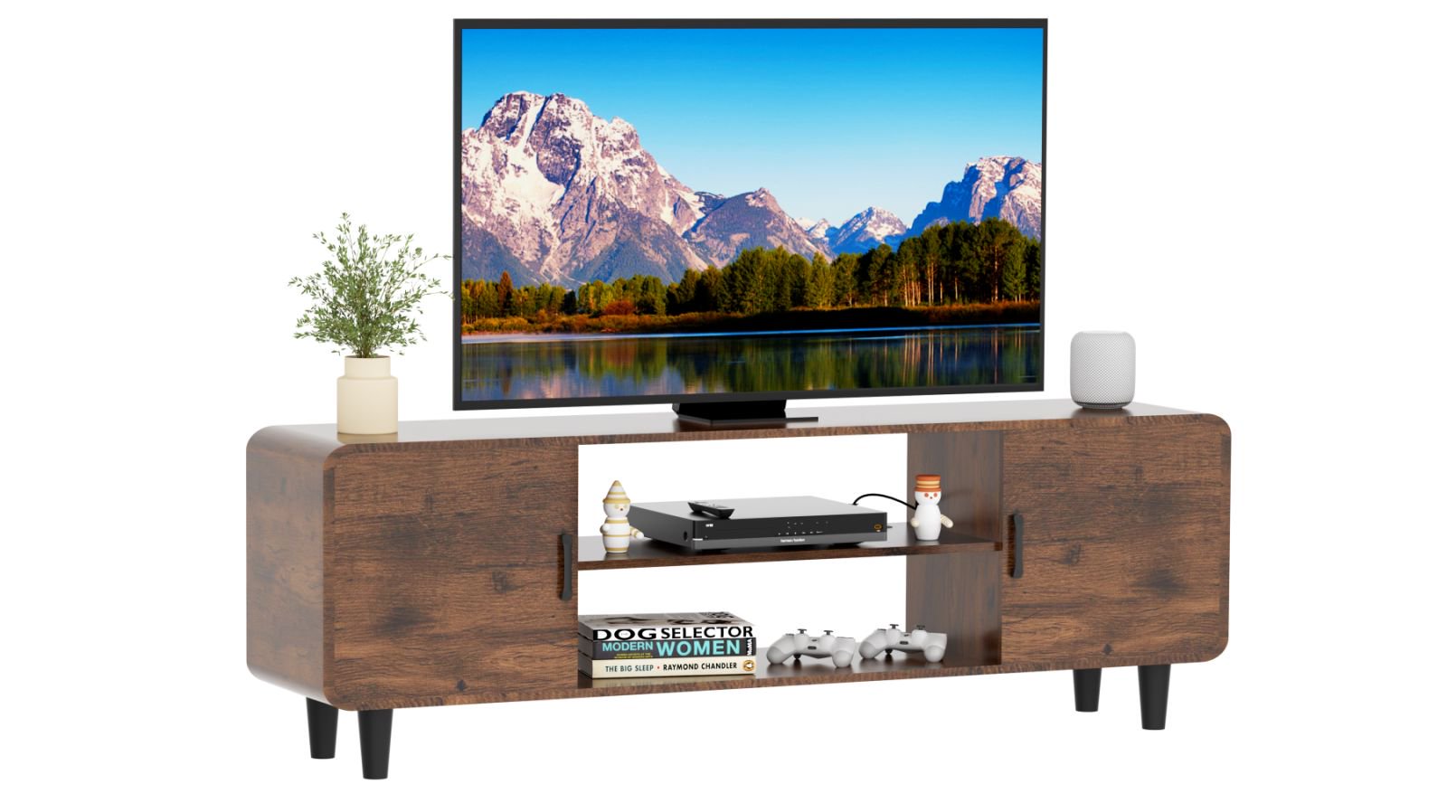 Soporte de TV para Televisor de 55 Pulgadas, Centro de Entretenimiento con Armarios de Almacenamiento, Puerta con Bisagra Suave y Manija, Mesa Consola de TV para Medios en Sala de Estar o Dormitorio, Marrón Rústico