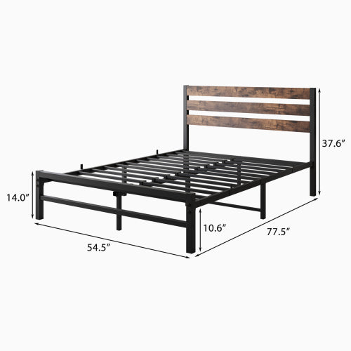 Marco de Cama Plataforma de Tamaño Completo con Cabecero de Madera Rústica Vintage, Soporte de Láminas de Metal Resistente para la Base del Colchón, No se Requiere Resorte de Caja en Marrón Rústico