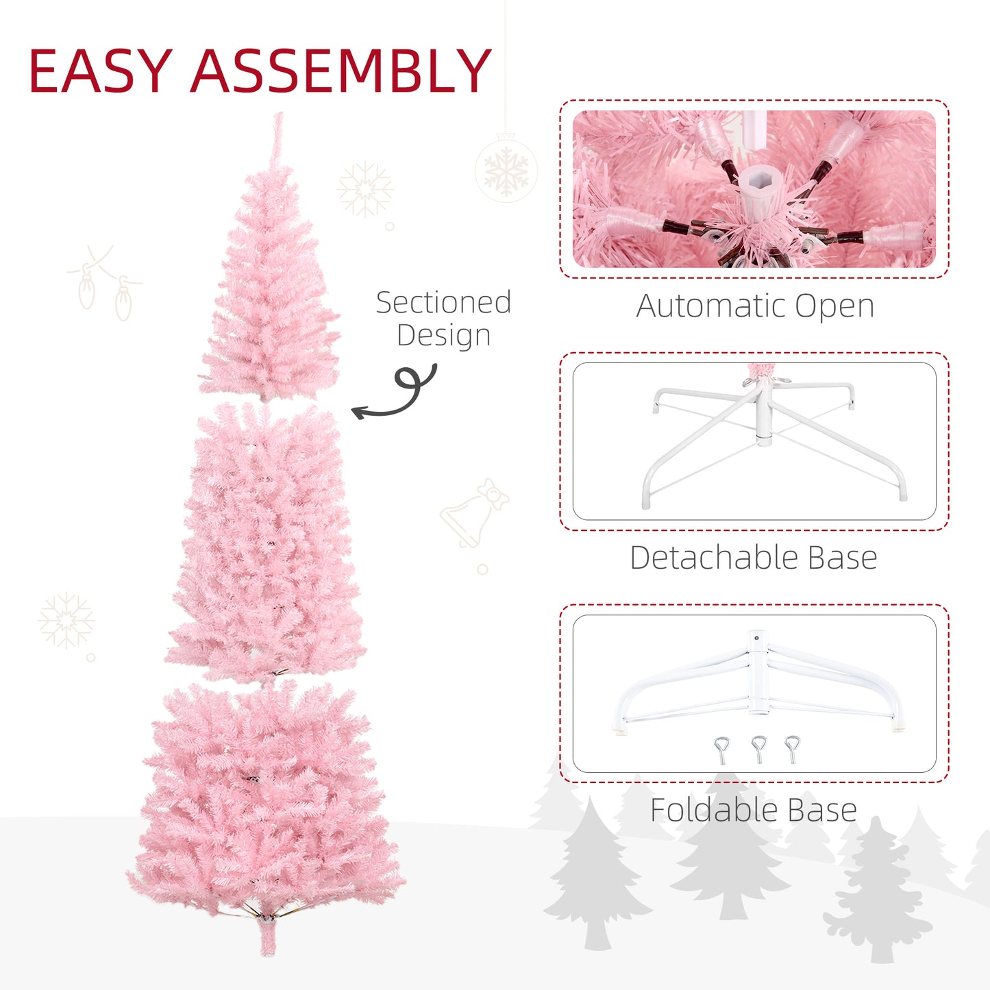 HOMCOM 8' Tall Unlit Slim Douglas Fir Artificial Christmas Tree With 1168 Realistic Branch Tips, Pink