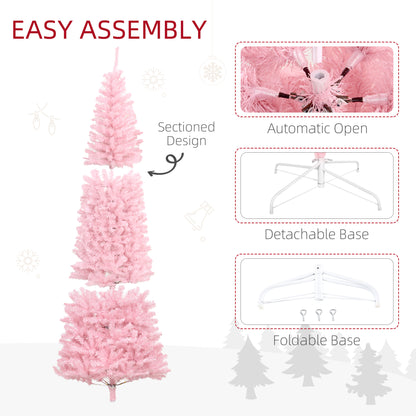HOMCOM 8' Tall Unlit Slim Douglas Fir Artificial Christmas Tree With 1168 Realistic Branch Tips, Pink