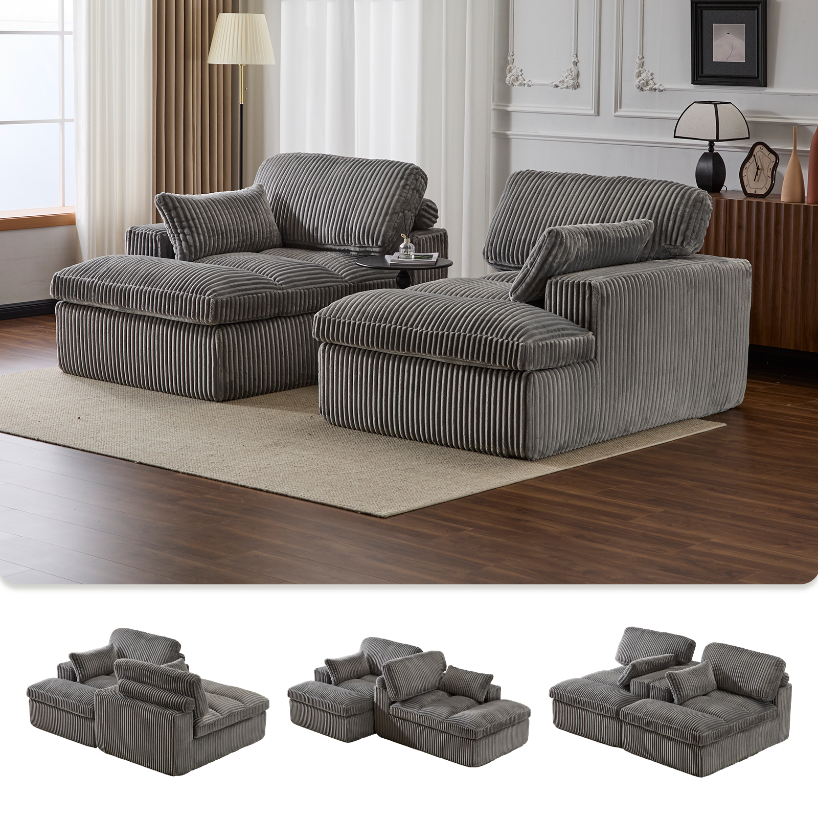 Silla de Chaise Lounge Doble para Interiores, Sofá Nube Oversized Tapizado, Cama de Sofá de Lujo con Asiento Profundo, Sofá Seccional Chaise Loveseat, Silla de Lectura de Corduroy para Sala de Estar, Sin Ensamblaje Requerido, Gris