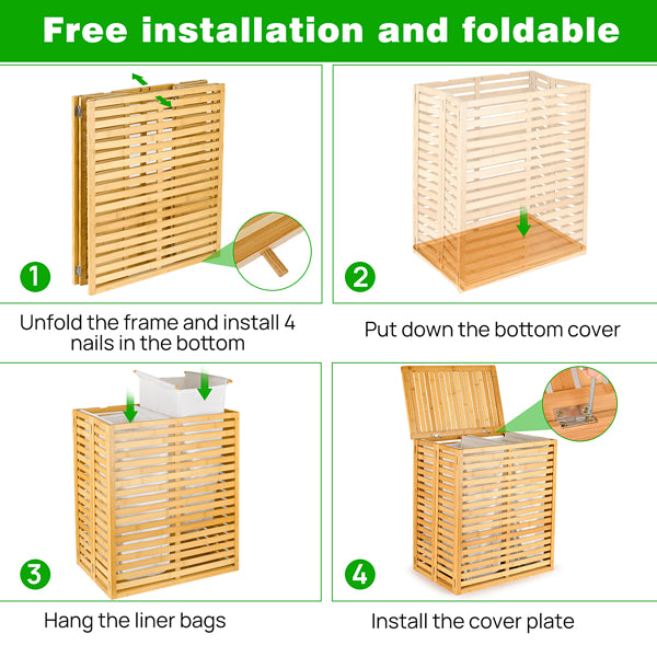 Cesta de Lavandería de Bambú con Tapa - Cesta de Lavandería Plegable con 2 Secciones de Bolsillos Forrados Desmontables para Baño, Dormitorio y Lavandería