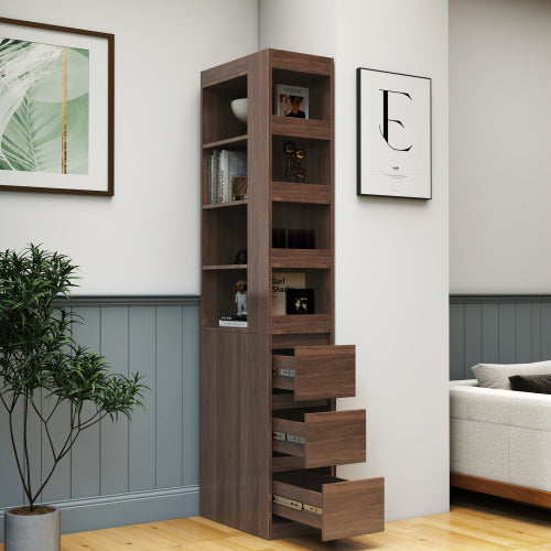 Gabinete de Almacenamiento para Pantalla de 70.87 H, Estantería de 4 Niveles, 3 Cajones Laterales y 4 Estantes de Exhibición Pequeños, Estantería Alta Moderna de Madera para Libros para Sala de Estar o Oficina en Casa