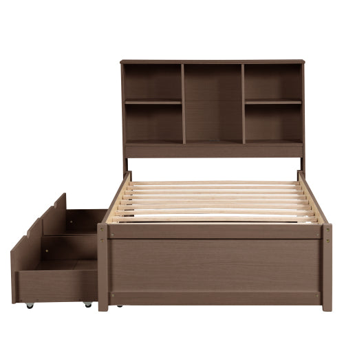 Estructura de Cama Moderna de Tamaño Individual con Puerto USB Integrado en el Cabecero con Estantería y 2 Cajones para Color Nogal