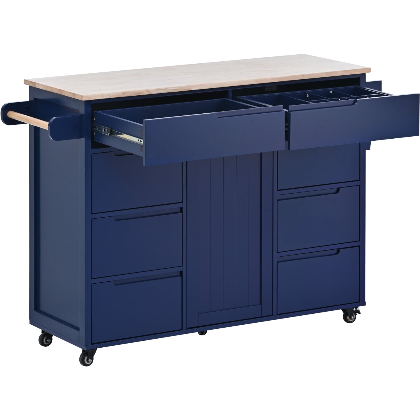 K&K Store Kitchen Cart With Rubber Wood Top, 8 Handle-Free Drawers