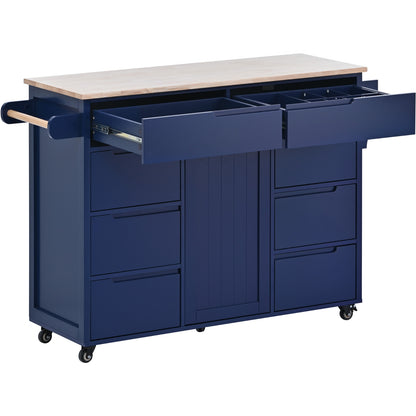 K&K Store Kitchen Cart With Rubber Wood Top, 8 Handle-Free Drawers