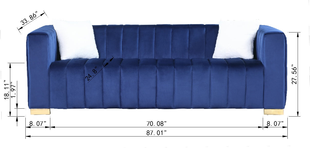 Un sofá de canal moderno inspirado en un Chesterfield tradicional, color azul marino, para 3 personas