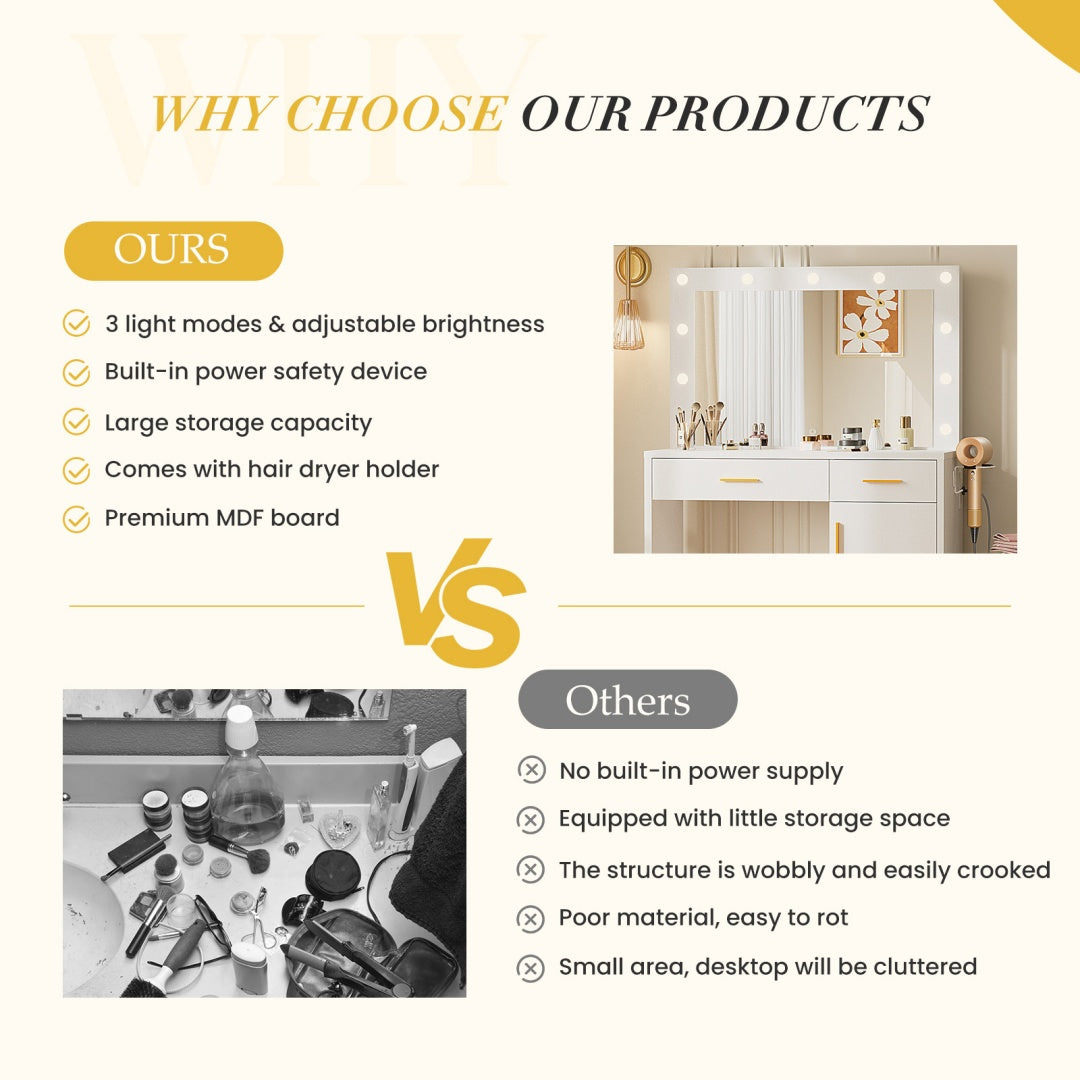 Mirror And Lights, Makeup Vanity Table With Charging Station , 2 Drawers & Large Cabinet, 3 Lighting Color Adjustable, Dressing Table