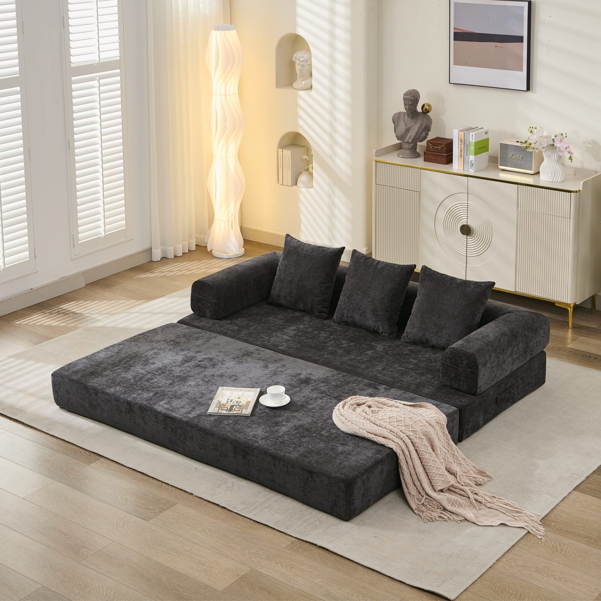 Sofá Cama Plegable Convertible Cómodo, Sofá Cama de Suelo, Sofá de Suelo de Chenille con Reposabrazos, Sofá Lounge de Suelo para Sala de Estar, Dormitorio, Lounge o Estudio-Negro