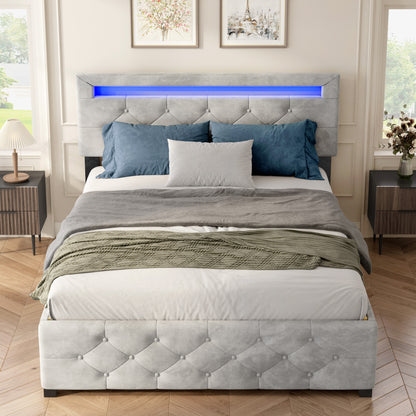 Upholstered Platform Storage Bed Frame With 4 Drawers And LED Light,No Box Spring Needed