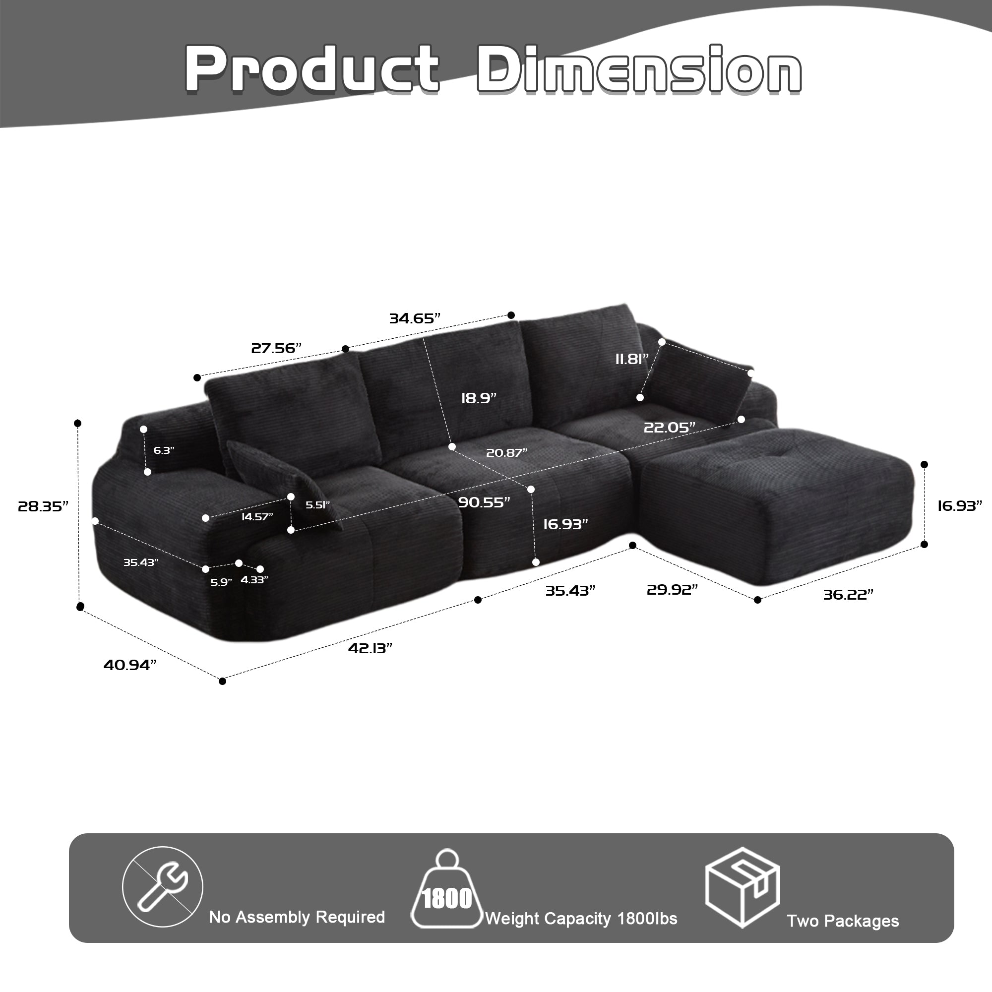 Black Corduroy Sectional Sofa Memory Foam Cushions