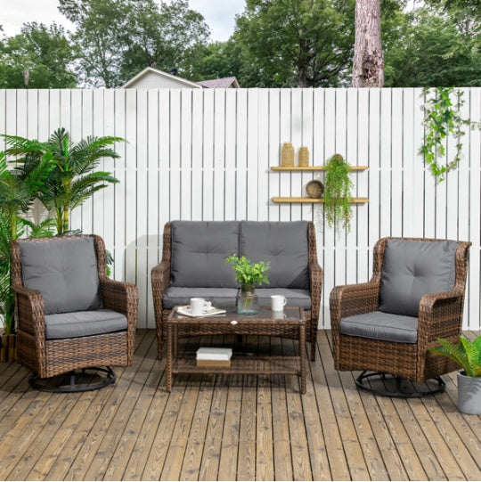Wicker Swivel Patio Set Brown Loveseat Chairs