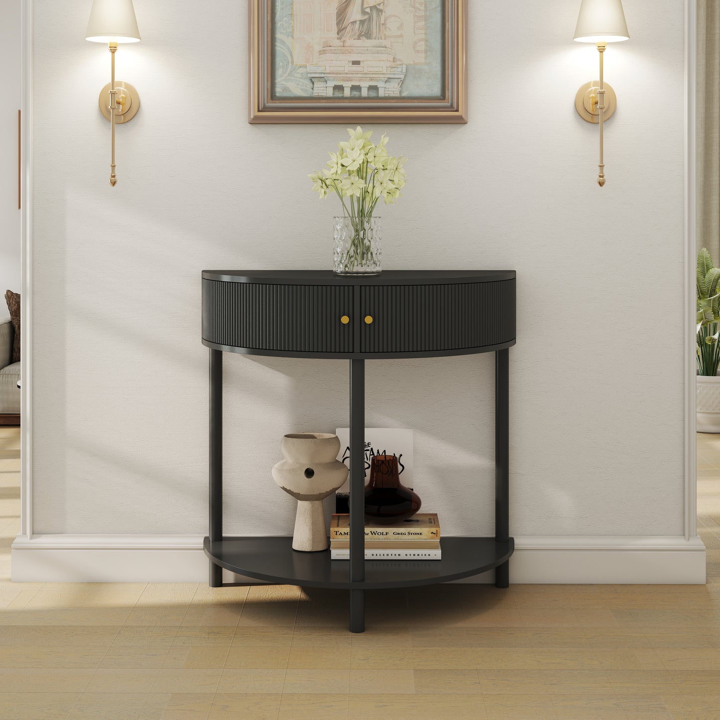 Artisan-Crafted Wave-Pattern Demi-Lune Console Table With Dark Gray Finish,Unique Half Moon Design End Table With 2 Storage Drawers And Bottom Shelf For Living Room, Bedroom, Study, Hallway