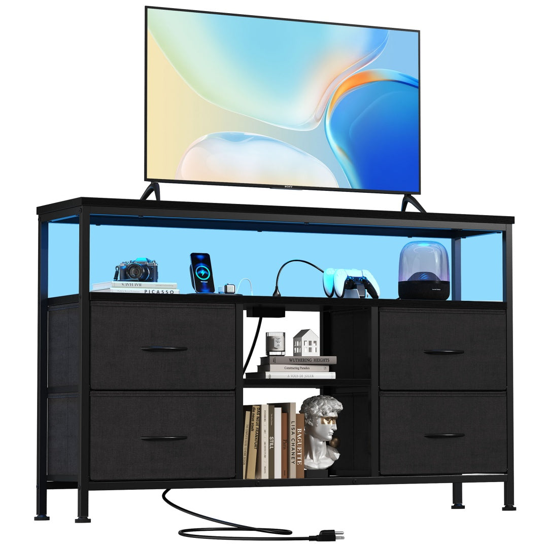 Soporte para TV, 4 Cajones, Con Luces LED y Enchufes Eléctricos, Mueble para Sala de Estar para TV de 50 Pulgadas, Con Estantes Abiertos y Patas Ajustables