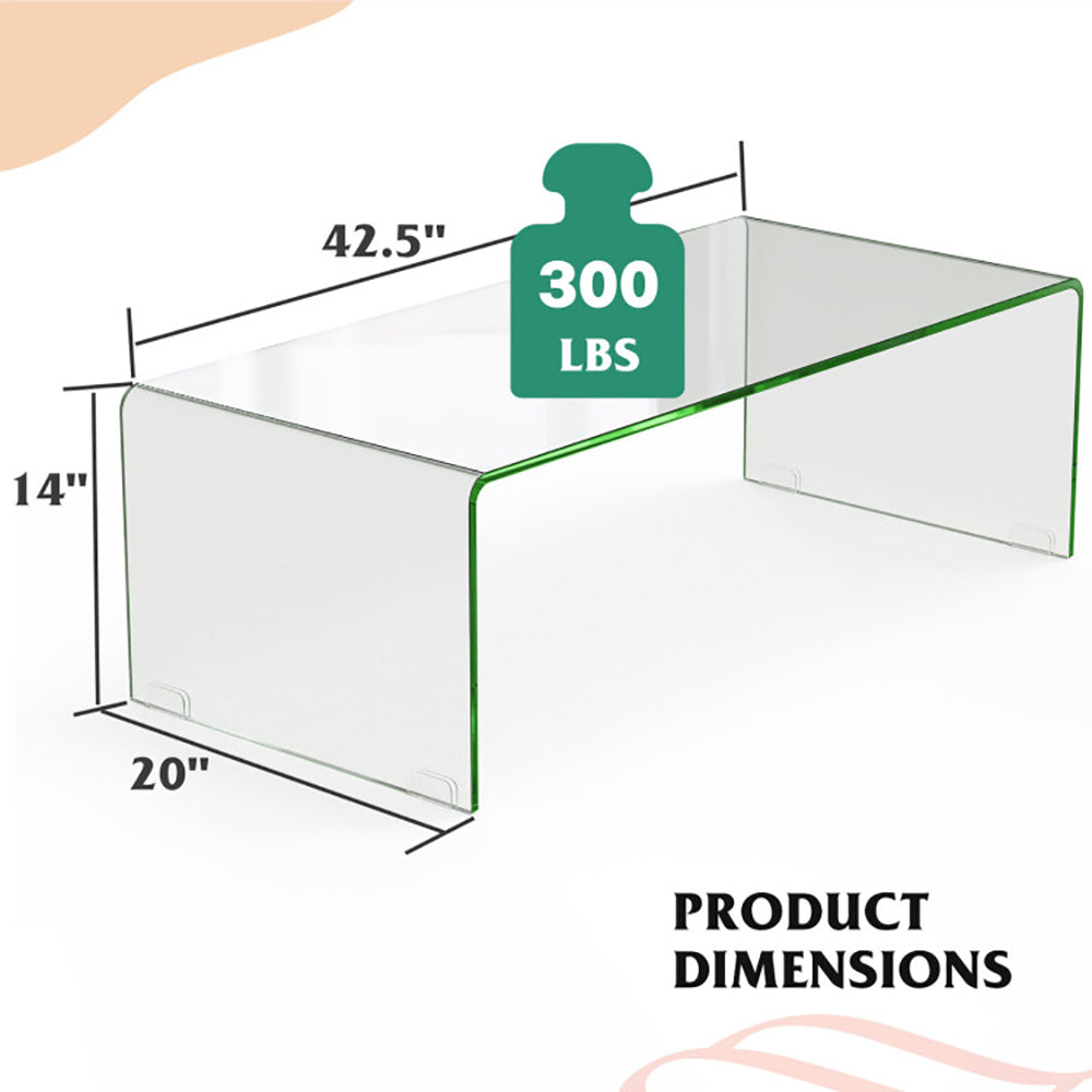 Mesa de café de vidrio de 42,5 x 20 x 14 pulgadas con bordes redondeados para sala de estar