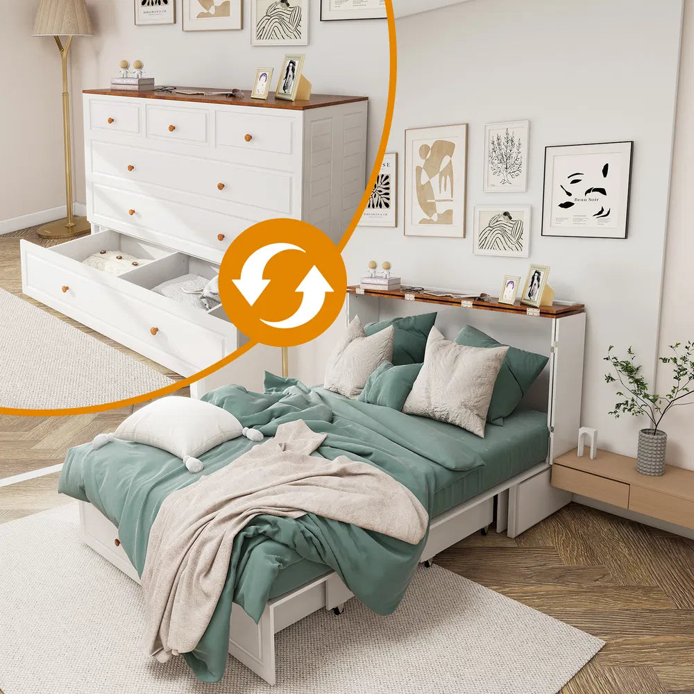 Marco de Cama Murphy de Tamaño Queen con Cajones, Cama Murphy con Pecho y Estación de Carga, 2 Puertos USB, Cama Murphy Móvil para Arreglo de Dormir en Áreas Multipropósito para Dormitorio, Sala de Estar, Habitación de Huéspedes Blanco y Madera