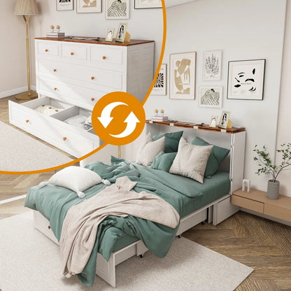 Queen Size Murphy Bed Frame With Drawers Murphy Chest Bed With Charging Station, 2 USB Ports Mobile Murphy Bed Sleeping Arrangement For Multipurpose Area For Bedroom Living Room Guest Room White&Wood