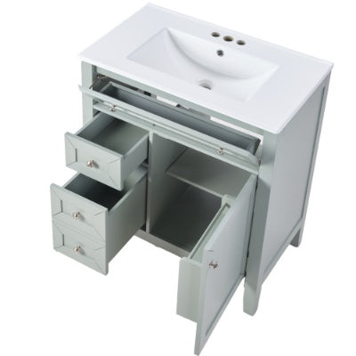 Lavabo de Baño en Madera Maciza con Fregadero de Cerámica de Montaje Inferior, 12 Guías de Cajón de Cierre Suave, Cajón Volteable, Cajón de Almacenamiento Único, Estante Ajustable, Capacidad de Carga de 70 kg, Gris