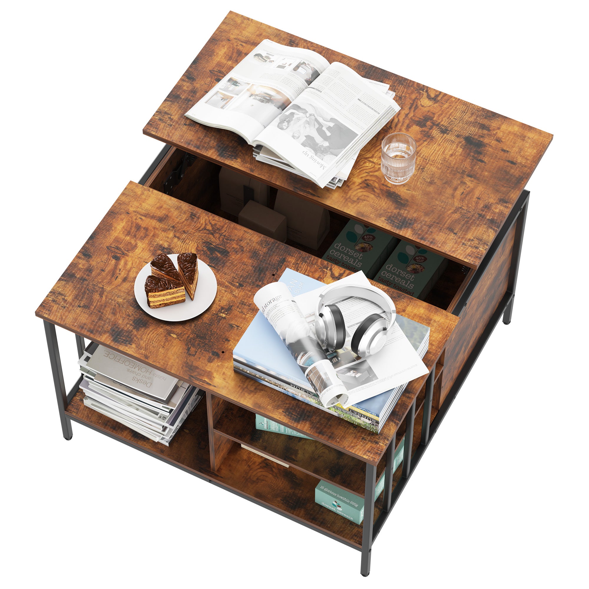 Mesa de Centro Elevable de Estilo Granja con Almacenamiento, Altura Ajustable para Sala de Estar, Centro Multifuncional para la Familia con Compartimento Oculto y 3 Estantes, Capacidad de 110 libras, Fácil de Limpiar