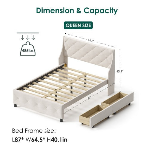Queen Size Bed Frame With Storage Headboard, Metal Platform Bed No Noise, Mattress Foundation Strong Metal Slats Support No Box Spring Needed