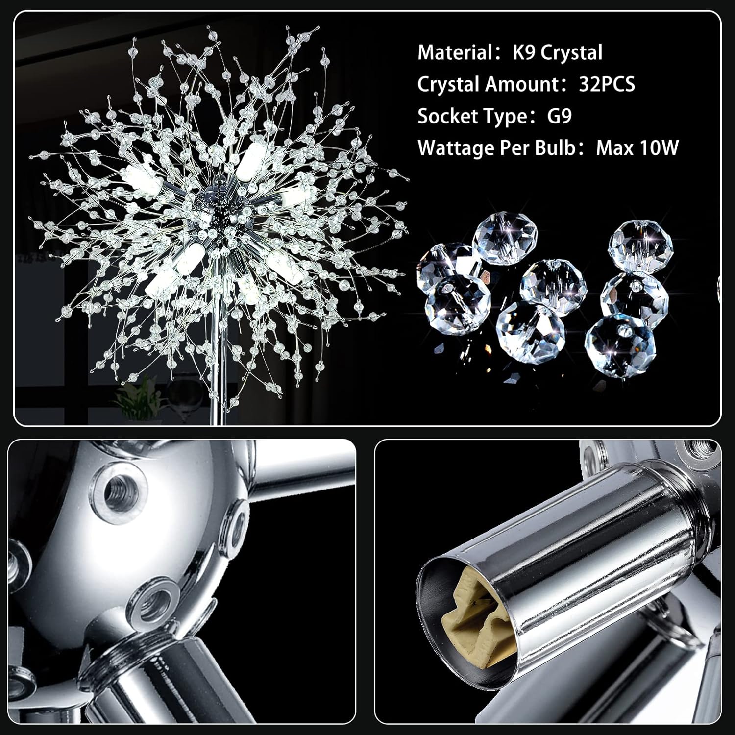 Lámpara de Pie de Cristal para Dormitorio,,Lámpara de Poste de 69 Pulgadas de Alto, Lámpara de Piso Decorativa para Habitación Moderna, Incluye 32 Suspensores de Cristal de Fuegos Artificiales, Acabado en Cromo Plataformas No Disponibles- Welfel