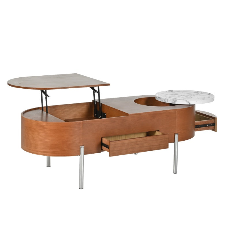 Mesa de café elevable de 47,2 pulgadas con bandeja giratoria de 360 grados con patrón de mármol, tablero ovalado elevable moderno, plataforma prohibida Temu