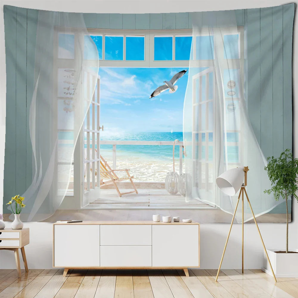 Decobites Seaside Landscape Painting Tapestry Wall Hanging for Bohemian Living Room