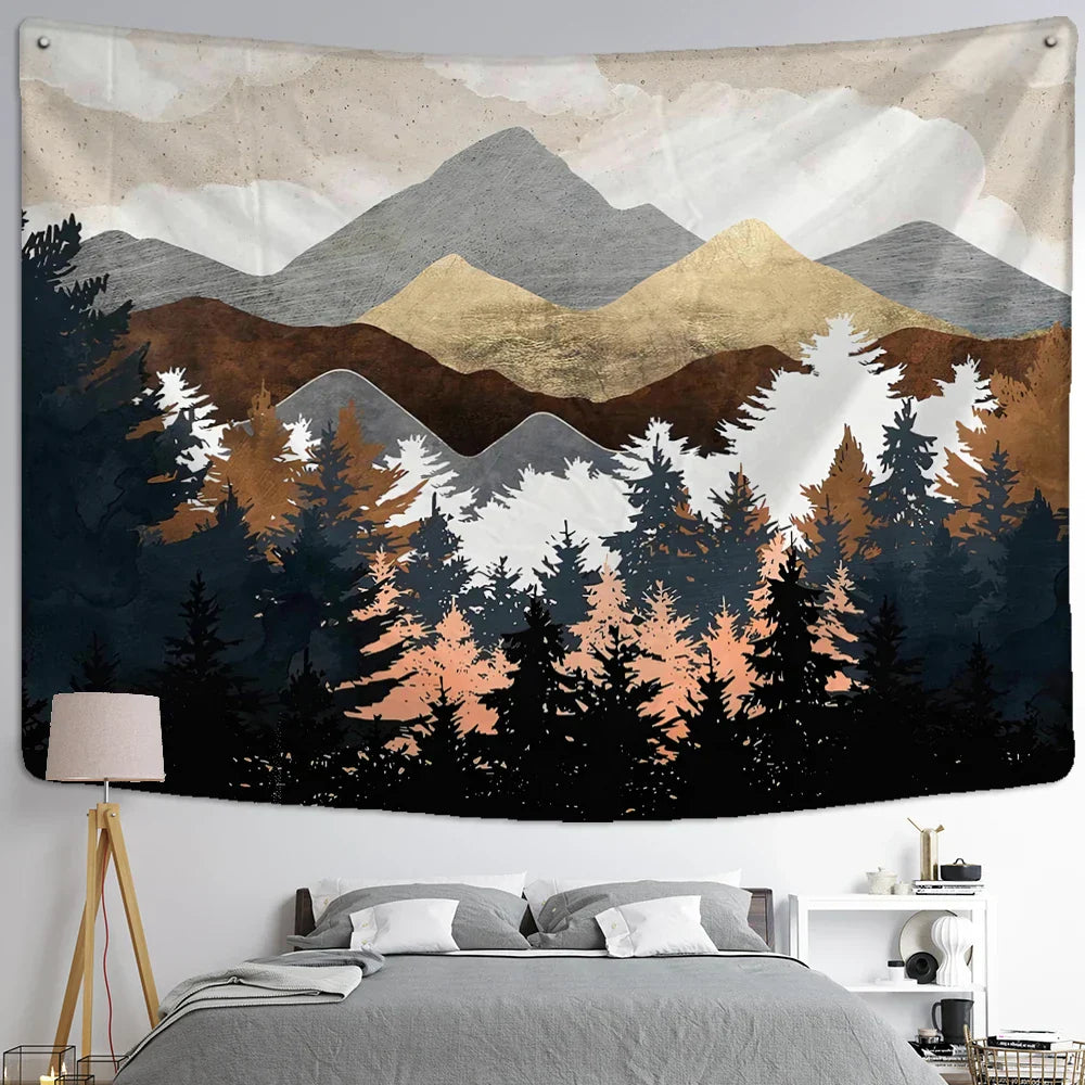 Decobites Geometric Peak Forest Tapestry Wall Hanging Boho Aesthetic Room Decor