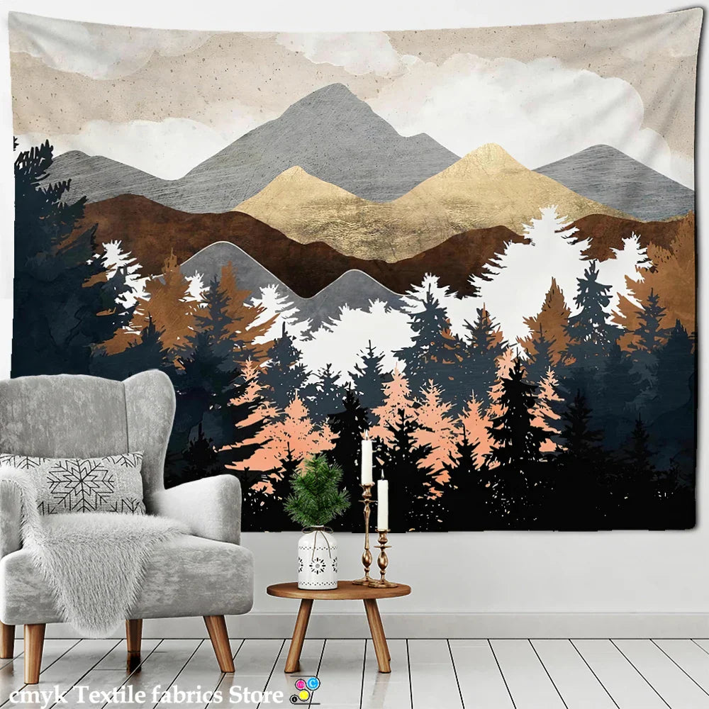 Decobites Geometric Peak Forest Tapestry Wall Hanging Boho Aesthetic Room Decor